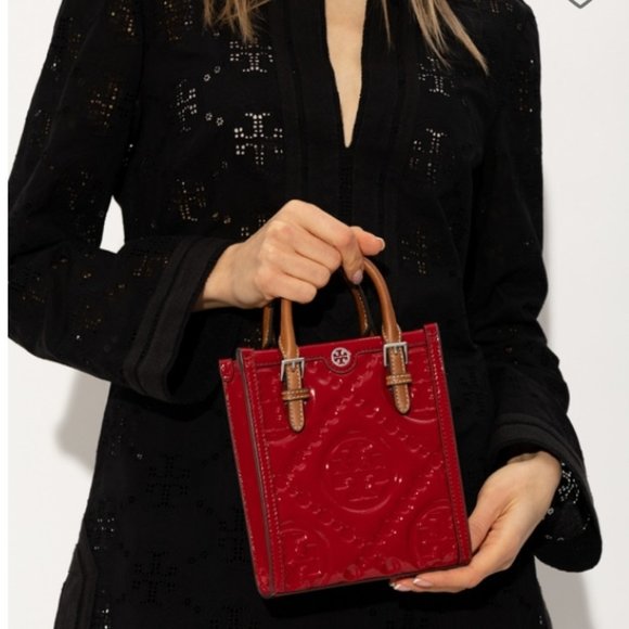 Tory Burch Handbags - Tory Burch T Monogram Puffy Patent Leather Mini Tote & Crossbody Tory Red NWT